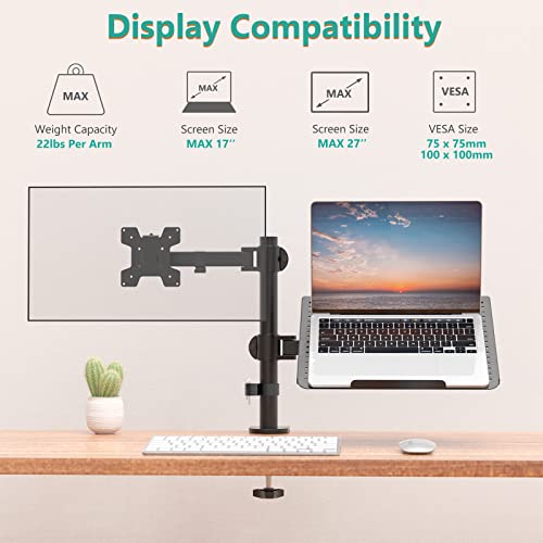 WALI Dual Arm Laptop and Monitor Desk Mount for 17" Notebook and Up to 27" Screen, Fully Adjustable Monitor Arm with Laptop Tray, VESA 75x75 100x100, Holds up to 22 lbs, Black (M001LP) - size: Dual, style: Adjustable Desk Mount