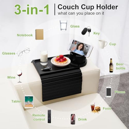 Couch Cup Holder Tray - 3 in 1 Sofa Arm Tray with 360° Rotating Cup Holder & Phone Stand,Fits Various Couches Arm Widths - Anti-Slip Foldable Couch Arm Tray for Snacks, Cellphone Remote - color: Black