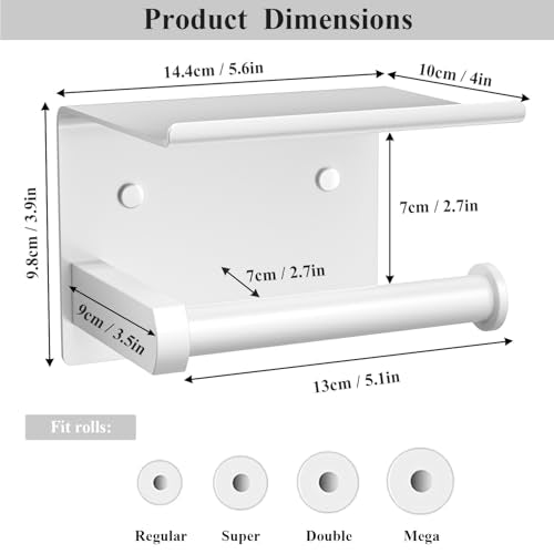 Tindbea Toilet Paper Holder with Phone Shelf, Adhesive or Screw Wall Mount Toilet Tissue Roll Holder, Rustproof & Multifunctional Stainless Steel Bathroom Storage Dispenser (White) | Heavy Duty Stainless Steel White - color: F-white
