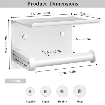 Tindbea Toilet Paper Holder with Phone Shelf, Adhesive or Screw Wall Mount Toilet Tissue Roll Holder, Rustproof & Multifunctional Stainless Steel Bathroom Storage Dispenser (White) | Heavy Duty Stainless Steel White - color: F-white