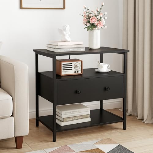 Edbuosy 27 Inch Wide Night Stand with Charging Station, Wood Nightstand with Open Shelf, Large Drawer Bedside Table for Living Room/Bedroom/Office, Black - color: Black, size: 27"W-1 Drawer