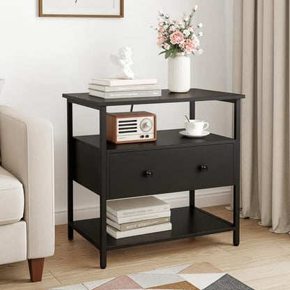 Edbuosy 27 Inch Wide Night Stand with Charging Station, Wood Nightstand with Open Shelf, Large Drawer Bedside Table for Living Room/Bedroom/Office, Black - color: Black, size: 27"W-1 Drawer