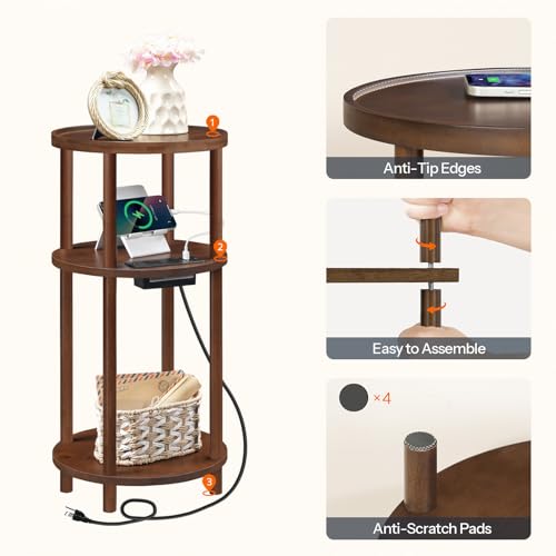 HOOBRO Set of 2 Small Round Side Tables with Charging Station, 3-Tier Round Bamboo End Tables, Compact Sofa Bedside Tables, Easy Assembly, for Living Room, Bedroom, Apartment, Mocha MA152UBZP201 - color: Mocha
