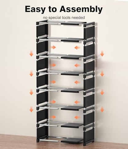 Narrow Shoe Rack 8 Tier, Slim Vertical Shoe Organizer for Small Spaces, Stackable Shoe Storage Shelf with Metal Frame & Fabric Shelves, Shoe Rack for Closet Entryway Bedroom