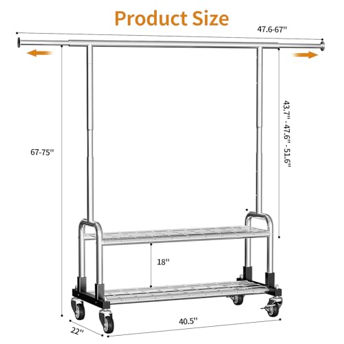 Luxspire Rolling Heavy Duty Clothes Rack with 2 Sturdy Shelves Load 600 LBS | Zinc-iron alloy frame, lockable silent wheels, adjustable extendable rods for bedroom and laundry room garment storage - color: Silver
