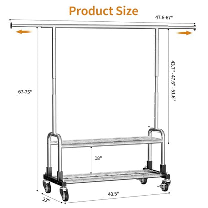 Luxspire Rolling Heavy Duty Clothes Rack with 2 Sturdy Shelves Load 600 LBS | Zinc-iron alloy frame, lockable silent wheels, adjustable extendable rods for bedroom and laundry room garment storage - color: Silver
