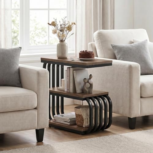 Tribesigns Small Narrow End Table with Storage Shelf, Industrial Side Tables with Curved Metal Frame, 3-Tier Accent Table and Nightstand for Living Room, Bedroom, Small Space (1, Brown) - color: Brown