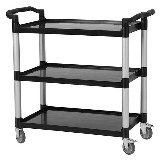 Utility Service Cart 3 Shelf with Wheel, Plastic Heavy Duty 3-Tier Rolling Utility/Push Food Service Cart for Office, Warehouse, Garage, Restaurant, Cleaning, 360lbs Capacity, Black
