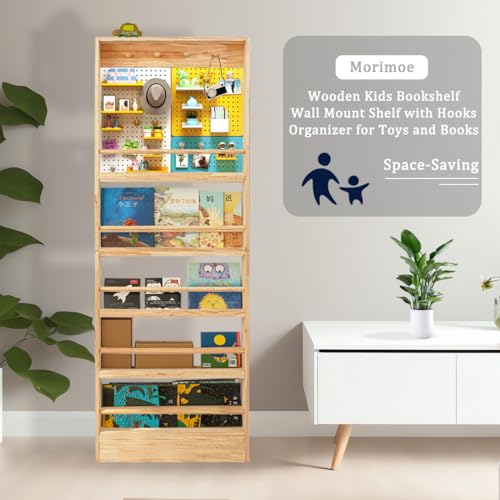 Wooden Kids Bookshelf, Wall Mount Shelf with Hooks, Organizer for Toys and Books, Space-Saving