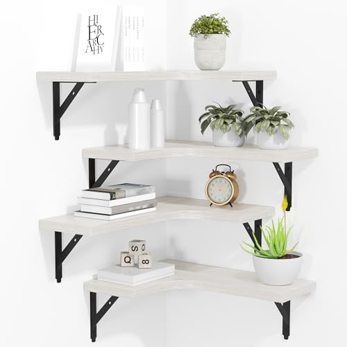 ROMGUAR CRAFT Corner Floating Shelves Wall Mounted Set of 4, Rustic Wood Storage Display Shelves for Home Decor, Bathroom, Kitchen, Bedroom, Living Room, Office (White) - color: White