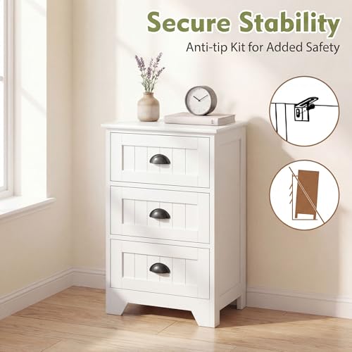 Giantex Nightstand with 3 Drawers, Bedside Table with Exquisite Metal Handles, Accent Table Sofa Side Table with Anti-toppling Device for Bedroom, Study, White - color: White