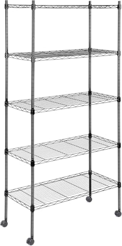 Simple Deluxe 5-Tier Storage Shelving Units, 24.02" W x 13.78" D x 59" H Wire Shelf with Wheels & Leveling Feet, Black - color: Black, size: 5-Tier, 24"W x 14"D x 59"H