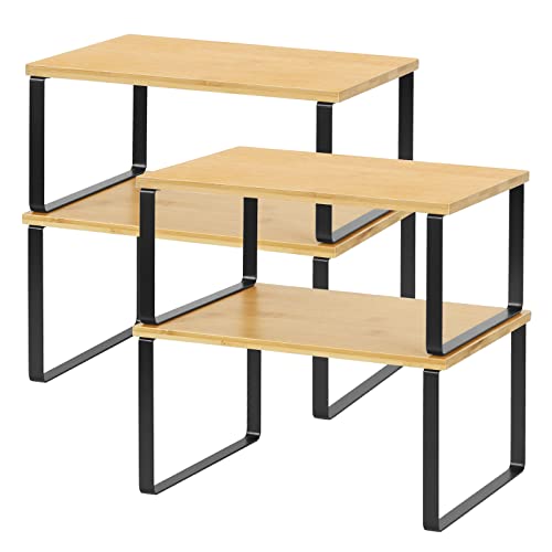 MOOACE Kitchen Cabinet and Counter Shelf Organizer, Stackable & Expandable, Set of 4, Black and Natural | Stackable & Expandable Spice Rack, Space-Saving Pantry Organizers Bathroom Countertop Storage, Natural and Black - color: Ink Black + Natural Beige