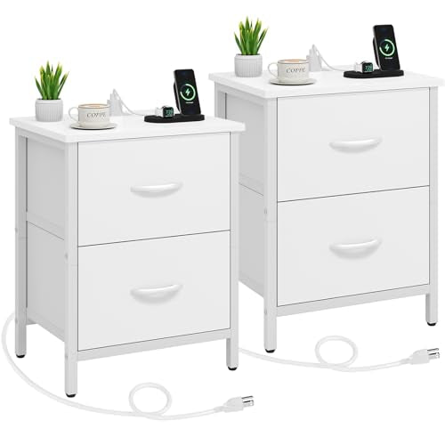 Vagusicc Nightstand Set of 2 with Charging Station, End Table Bedside Table with Power Outlet & USB Ports, Side Table with 2 Fabric Drawers for Bedroom, Living Room, White - color: White (2 Pack)