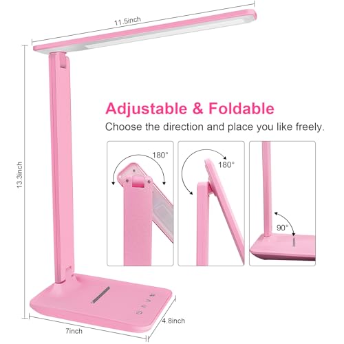 shinelife LED Desk Lamp for Office Home, Bright Desk Light with USB Charging Port, Adjustable Dimmable Desk Lamps 5 Modes 5 Brightness, Touch Study Lamp for Nail, Craft, Puzzle, Sewing, Study, Pink - color: Pink