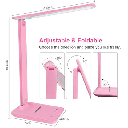 shinelife LED Desk Lamp for Office Home, Bright Desk Light with USB Charging Port, Adjustable Dimmable Desk Lamps 5 Modes 5 Brightness, Touch Study Lamp for Nail, Craft, Puzzle, Sewing, Study, Pink - color: Pink