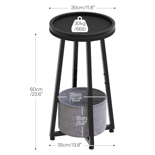 HOOBRO Small Round Side Table, 2-Tier Round Sofa End Table, Compact Nightstand with Fabric Storage Basket, for Small Space, Living Room, Bedroom, Dorm, Black and Gray BB183BZ01 - color: Black