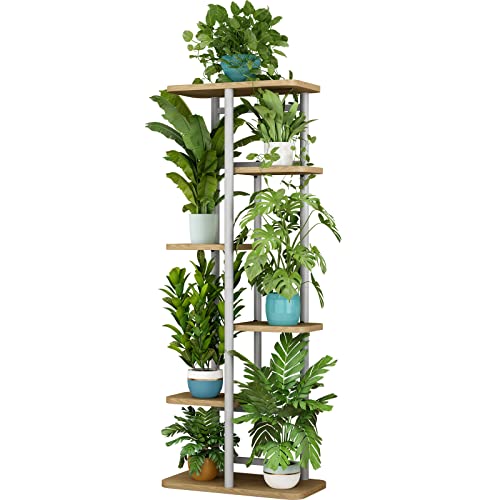 LINZINAR Plant Stand 6 Tier 7 Potted Multiple Flower Pot Holder Shelf Indoor Outdoor Planter Display Shelving for Patio Garden Corner Balcony Living Room (6 Tier-7 Potted, White) - color: White, size: 6 Tier-7 Potted