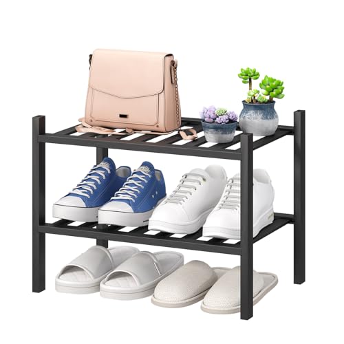 viewcare Black Small Shoe Rack for Entryway,2-Tier Bamboo Shoe Organizer for Hallway Closet, Free Standing Shoe Racks for Indoor Outdoor - color: Black, size: 2-Tier_Samll