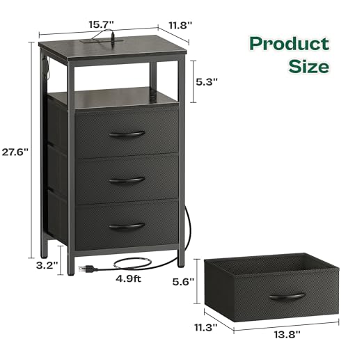 Huuger Night Stand with Charger Station and LED Lights, 3 Drawer Nightstand, Bed Side Table with Open Shelf, End Table, Tall Fabric Dresser for Bedroom, Black - color: Black, size: 11.8"D x 15.7"W x 27.6"H（3 Drawers）