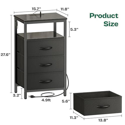 Huuger Night Stand with Charger Station and LED Lights, 3 Drawer Nightstand, Bed Side Table with Open Shelf, End Table, Tall Fabric Dresser for Bedroom, Black - color: Black, size: 11.8"D x 15.7"W x 27.6"H（3 Drawers）