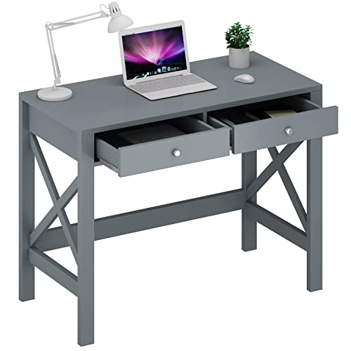 ChooChoo 40 Inches Farmhouse Computer Desk with 2 Drawers | Wooden Writing Desk, Study Desk for Home Office, Makeup Vanity, Grey - color: Grey, size: 40inch without Power Outlet