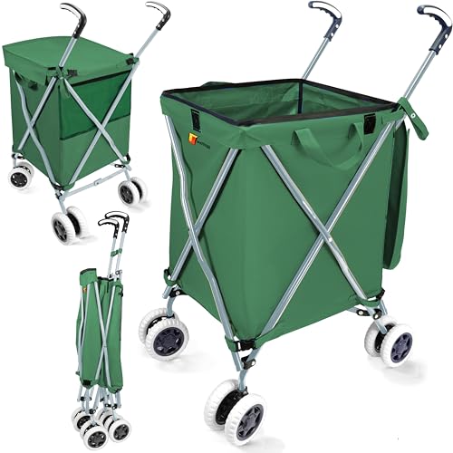 Wellmax Folding Shopping Cart with Canvas Bag & Cover, Holds 120 lb, Green | 360 Swivel Wheels, Lightweight Foldable Utility Cart, 24 Gallon Capacity, for Groceries, Laundry & Seniors, Rolling Cart - color: Green