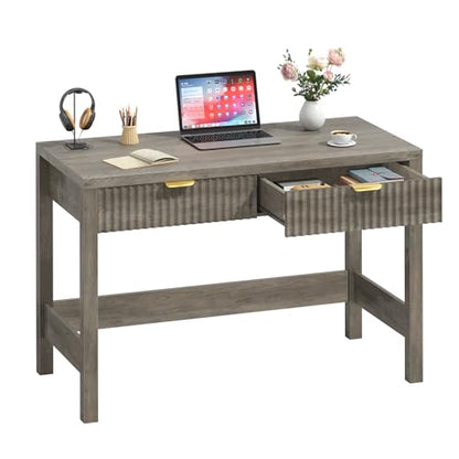 YOMILUVE Fluted Computer Desk with 2 Drawers, 39 Inch Small Computer Desk with Storage, Compact Writing Study Desk for Small Spaces, Gray - color: Grey