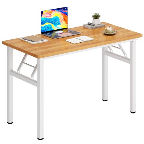 DlandHome 31.5 Inch Small Folding Computer Desk for Home Office, Teak White | Foldable Writing Table for Small Spaces Bedroom, No Assembly Required, Wood Top Metal Frame, Collapsible Compact Easy Storage - color: Teak + White, size: 31.5 Inches