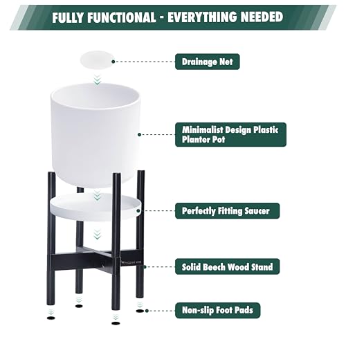 D'vine Dev Plastic Pot with Ebony Wood Stand, White, 8 in, 55-C-K-1 | Mid-Century Inspired Design, Elevated Plant Display, Clean Lines, Sturdy Support, Modern Space-Saving Style - color: Matte White Pot + Ebony Stand, size: 8 Inch