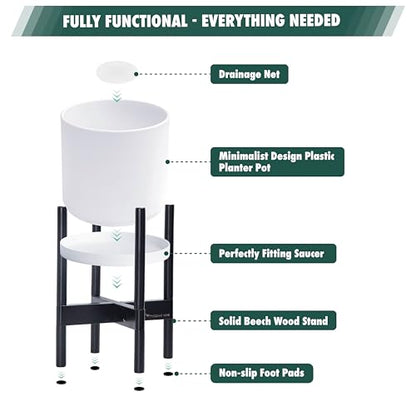 D'vine Dev Plastic Pot with Ebony Wood Stand, White, 8 in, 55-C-K-1 | Mid-Century Inspired Design, Elevated Plant Display, Clean Lines, Sturdy Support, Modern Space-Saving Style - color: Matte White Pot + Ebony Stand, size: 8 Inch