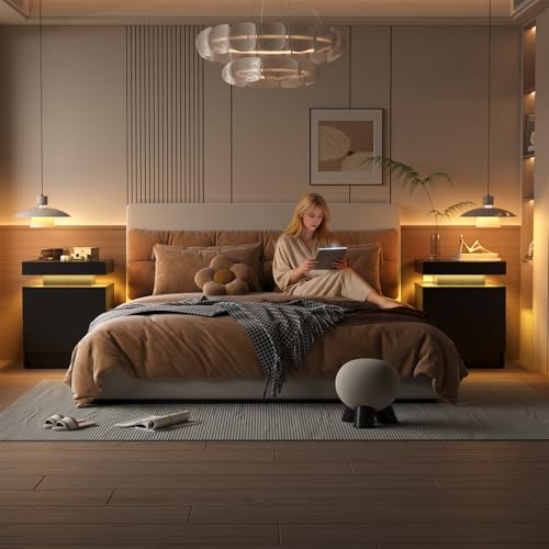 LED Nightstand, Modern Black Night Stand End Tables with APP & Remote Control LED Lighting, 2 Drawers, Open Shelf Storage, Bedside Tables for Bedroom & Living Room