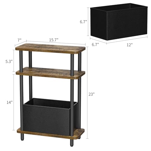 THUMEYE Narrow Side Table with Fabric Basket, 7" Wide, 3 Tier Skinny End Table with Wood Legs, Slim Nightstand/Bedside Table for Small Spaces, with Adjustable Feet, 15.7" L x 23" H - color: Rustic Brown