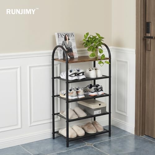 5-Tier Shoe Rack, Rustic Wood Look Shoe Organizer with Metal Frame and Mesh Shelves, Space-Saving for Entryway, Hallway, Bedroom (17.32" L x 10.24" W x 31.89" H) - size: 17.32" X 10.24" X 31.89"