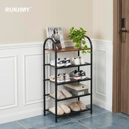 Shoe Rack Organizer for Entryway Closet,Tall Narrow Shoe Shelf Wood | 5-Tier, Free Standing, Rustic Wooden Top, Arched Metal Frame, Sturdy Mesh Shelves, Space-Saving, 17.32" x 10.24" x 31.89" - size: 17.32" X 10.24" X 31.89"