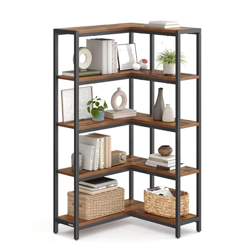 VASAGLE 5 Tier Bookshelf with Metal Frame, Convertible Industrial Corner Shelf, 9.4 x 40.2 x 55.9 Inches, for Living Room, Bedroom, Home Office, Rustic Brown and Ink Black ULLS605KD01 - size: 5 Tiers (40.2"W)