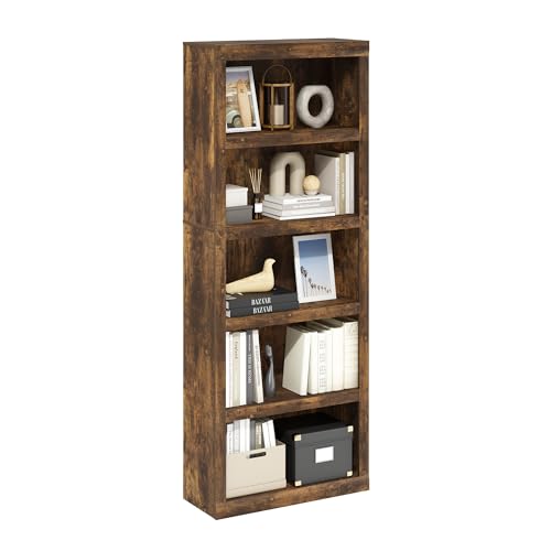 Furinno Rail Book Shelf, 5-Tier Bookshelf with Open Shelf, Bookcase with Classic Style Edges, 10 x 24.6 x 63.5, for Organization and Storage, for Living Room, Bedroom, Home Office, Amber Pine - color: Amber Pine, size: 5-Tier, 10 x 24.6 x 63.5