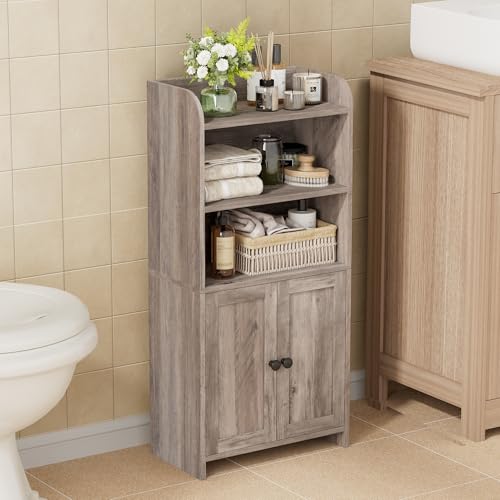 Homhedy Small Bathroom Storage Cabinet, Freestanding Toilet Paper Storage with 2 Doors and Shelves, Bathroom Organizers and Storage for Small Spaces, Laundry Room, 7.9" D x 14.6" W x 31" H, Greige - color: Greige, size: 7.9"D x 14.6"W x 31"H