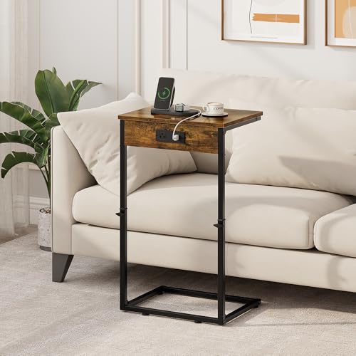C Shaped End Tables Set of 2 with Charging Station, 33.2'' Tall C Table Adjustable Height Side Table, Small Side Table for Small Spaces, Couch Sofa Table TV Tray for Living Room, Rustic Brown - color: Rustic Brown (2 Pack), style: With Plug