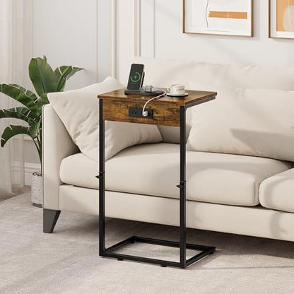 Vagusicc C Shaped End Tables Set of 2 with Charging Station, 33.2'' Tall C Table Adjustable Height Side Table, Small Side Table for Small Spaces, Couch Sofa Table TV Tray for Living Room, Rustic Brown - color: Rustic Brown (2 Pack), style: With Plug