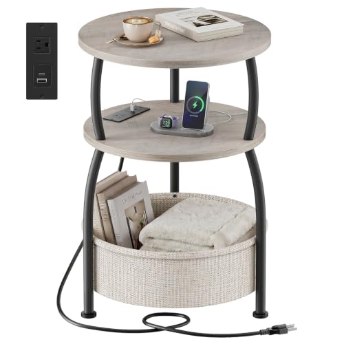 Round Side Table with Charging Station, USB Type C Port, Greige | End Table with Power Outlet and Basket, Space Saving, 3-Tier Nightstand, Corner Stand, for Living Room, Bedroom, Patio - color: Greige, size: 15.75" Dia with Power Strip