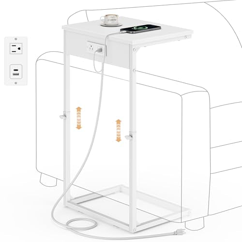 Vagusicc C Shaped End Table with Charging Station, Adjustable Height Side Table for Couch, Small End Table Small Spaces, 33.2'' Tall Couch Tables that Slide Under, Tv Tray Table for Living Room, White - color: White (1 Pack), style: With Plug