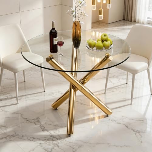 Round Glass Dining Room Table for 2 to 4 Person Modern Tempered Glass Top, Sturdy Chrome Legs, Adjustable Foot Pads, Kitchen Table for Living Room, Dining Room, Tea, Home, 39.37 Inch, Golden Base - color: Round Gold Base, size: 39.37 Inch