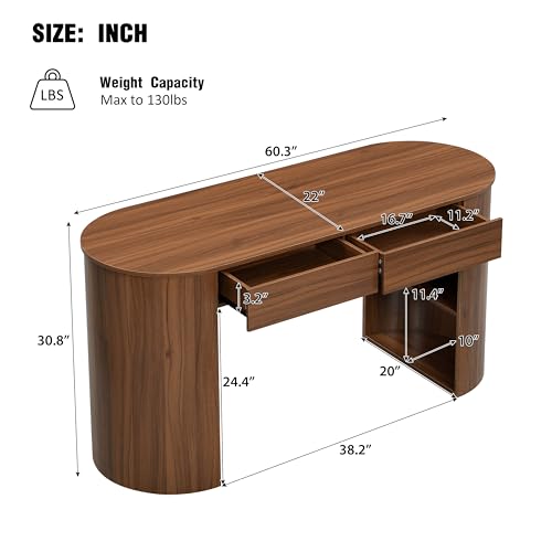 Modern MDF Office Desk with 2 Drawers & Open Shelves, Half-Cylinder Base Computer Table, Sleek Long-Lasting Workstation for Home Office, Study, or Bedroom, Stylish Storage Writing Desk, Dark Walnut