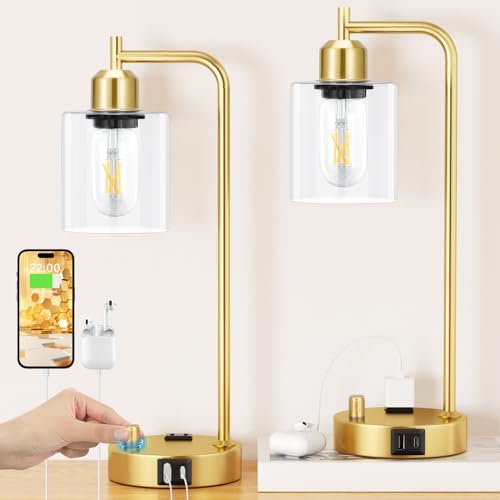 Innqoo Industrial Table Lamp for Bedroom Set of 2 - Fully Dimmable Bedside Lamps with USB Ports and Outlet, Gold Nightstand Lamps with Clear Glass Shade for Living Room, Desk Lamps for Office Reading - color: Clear Glass&Gold Base