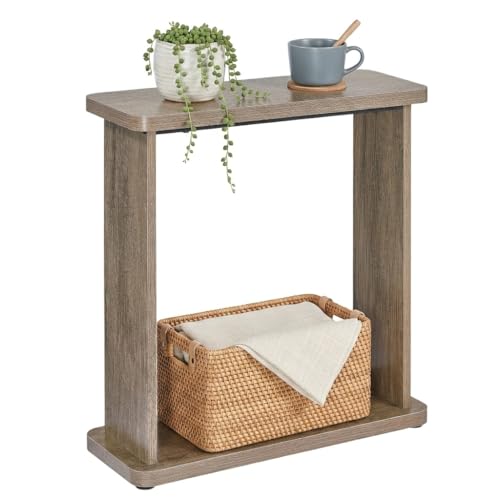 Narrow Side Table for Small Spaces, 7.9" Slim End Table with 2-Tier Open Storage Shelf, Modern Skinny Wood Sofa Table for Living Room, Bedroom, Nightstand, Couch (Oak) - color: Oak