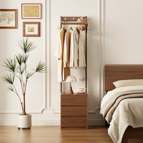 Solid Wood Coat Rack Freestanding,Standing Coat Rack with 3 drawers,Clothing Racks for Hanging Clothes,Narrow Hall Tree with Storage,Walnut Nightstand with 6 Coat Hooks for Bedroom Entryway Corner - size: 3 drawers