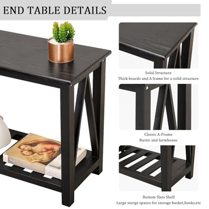 Narrow Side Table with Storage Shelf 2 Tier Wooden Nightstand Bedside Tables for Small Spaces Black Modern Accent Sofa Side Tables for Couch Living Room Bedroom Entryway - color: Wood Grain Black