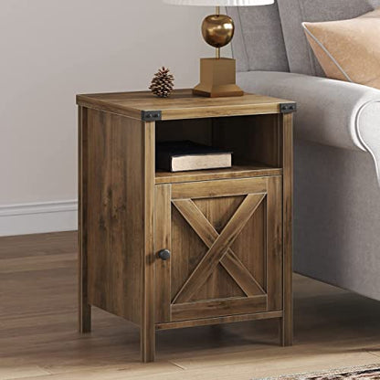Catrimown Farmhouse End Table, Nightstand with Barn Door and Shelf,Oak | End Tables,Wooden Sofa Side Table, Modern Bed Side Table Rustic Nightstands, Bedroom, Living Room - color: Oak