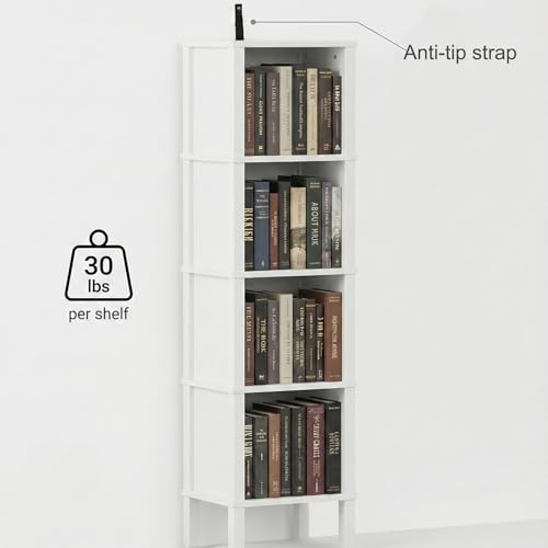4-Tier Narrow Bookshelf for Small Spaces, Modern 4 Cube Bookcase, 14.2 x 11.2 x 52 Inches, Skinny Storage Shelving Unit, Open Display Rack for Bedroom, Living Room, Home Office,Corner (White)